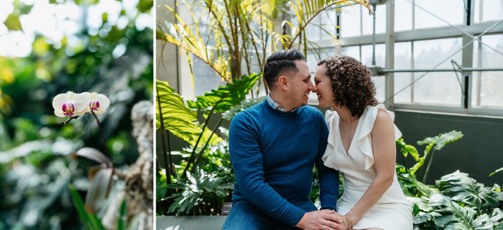 couple on bench in Daniel Stowe Botanical Garden orchid conservatory greenhouse