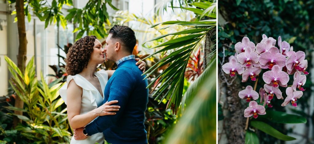 two photographs grouped together- on the left is a picture of Lauren and Matthew in each others arms, leaning in for a kiss. on the right is a beautiful cluster of blooming pink and white orchids.