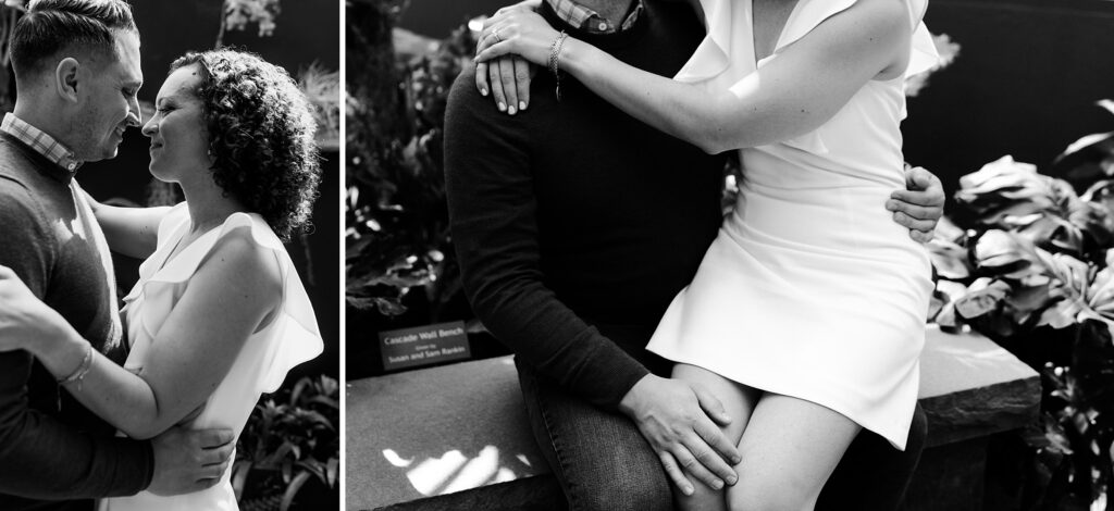 black and white detail photos of Lauren and Matthew during their engagement session featuring hands and their faces close together.