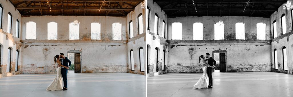wide angle view of providence cotton mill with couple in the middle of the room