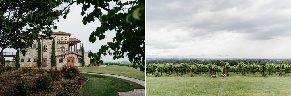 Raffaldini Vineyards wedding day details - a wide angle shot of the vineyard main building and a shot of the vineyards with a wedding arbor set up