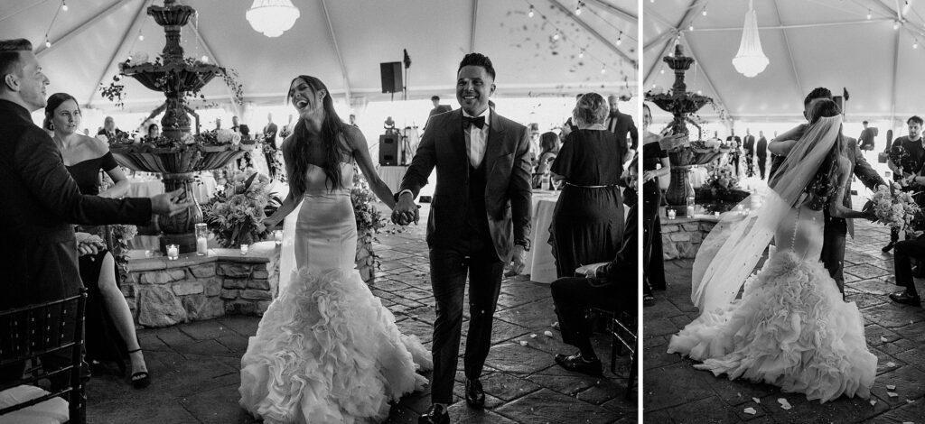 Raffaldini Vineyards wedding ceremony under the white tent outside. couple is exiting ceremony looking full of joy