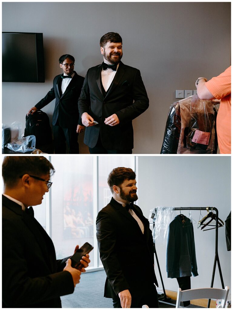 groom gets ready at modern art museum