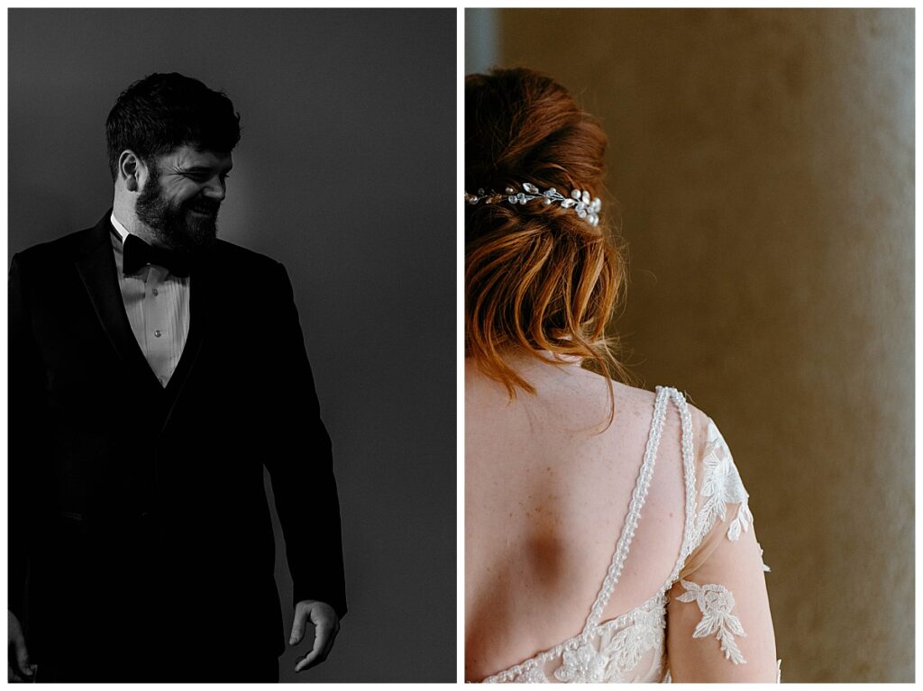 bride and groom stand before being wed showing off attire by Charlotte wedding photographer