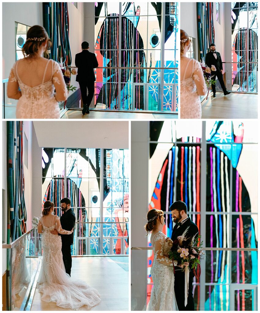 man and woman have first look on balcony overlooking art by The Hazel Club
