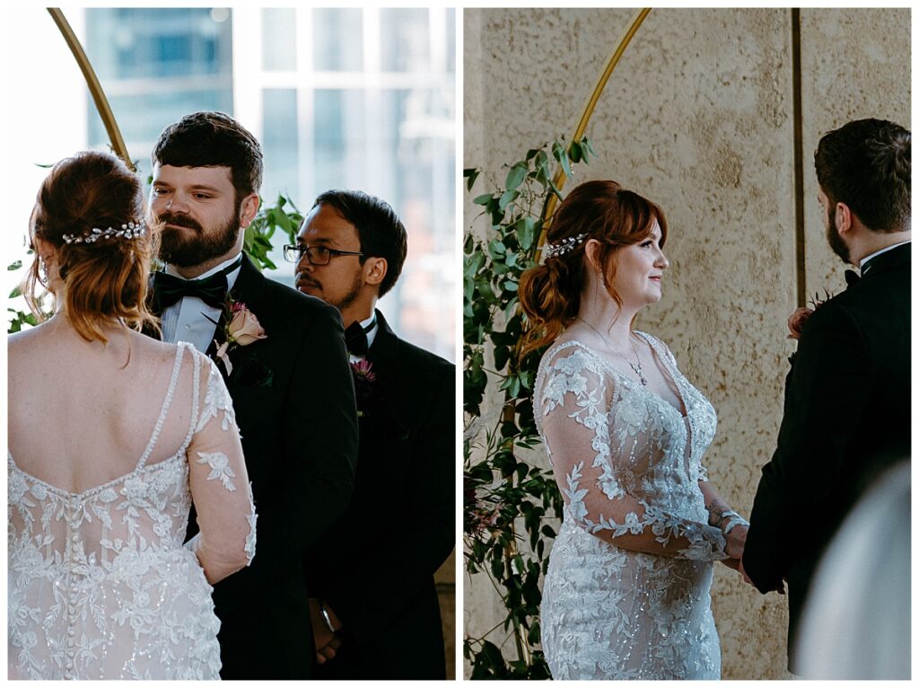 bride and groom hold hands and look at each other at the altar by Charlotte wedding photographer