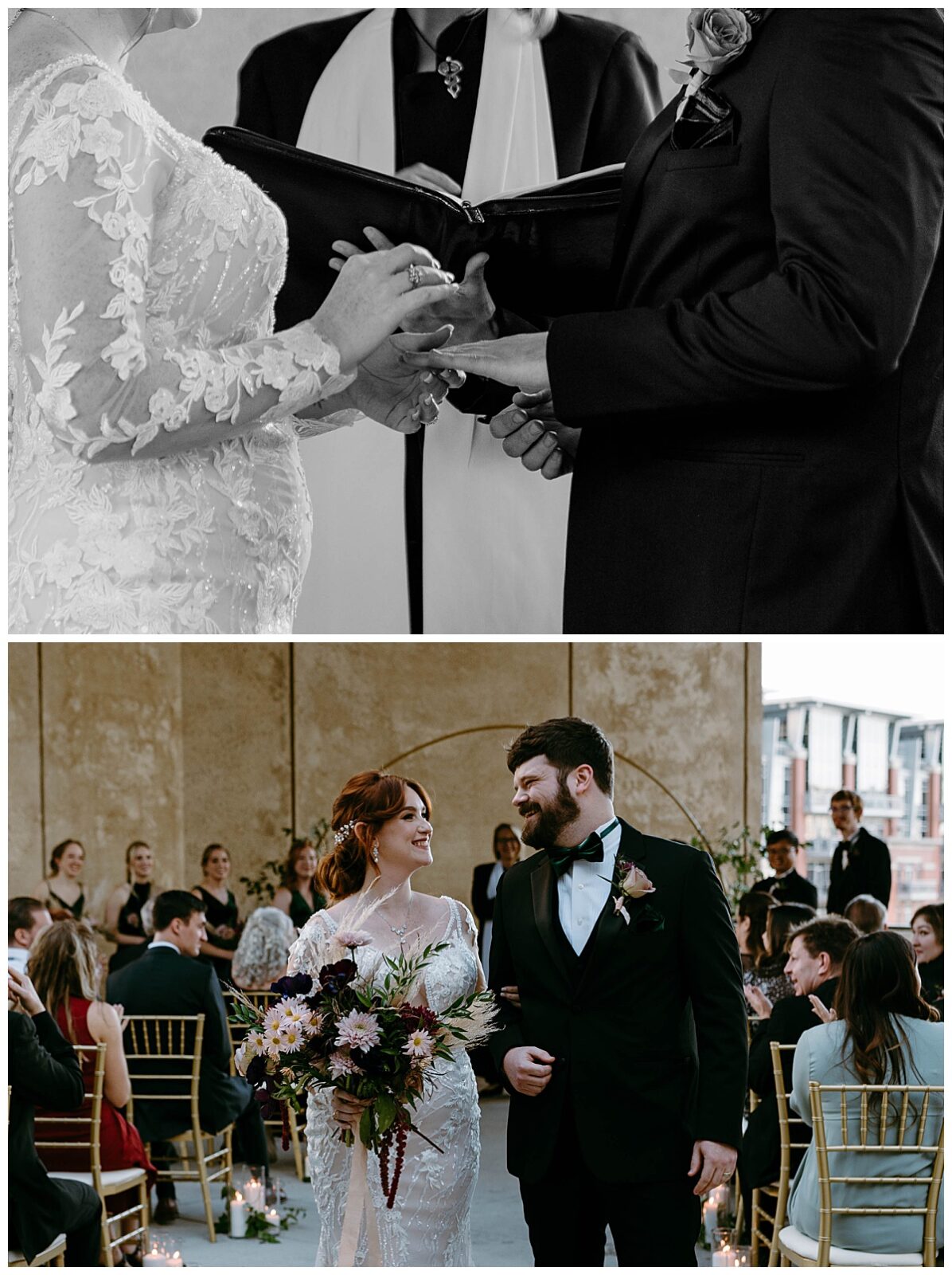 man and woman walk down aisle smiling at each other by The Hazel Club