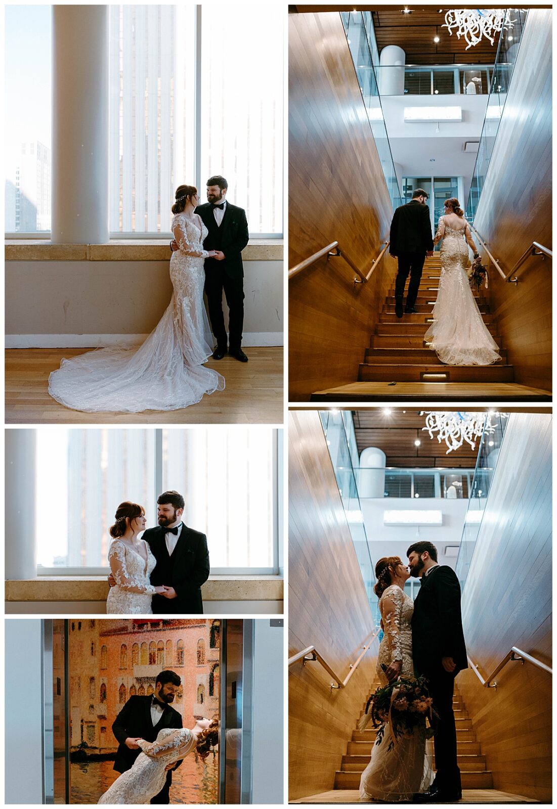 couple walks together in wooden stairwell at modern art museum