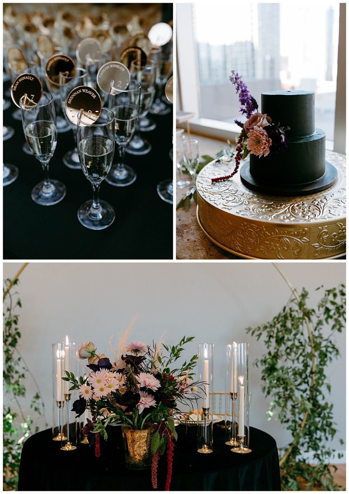 reception cake, drink, and table details at modern art museum