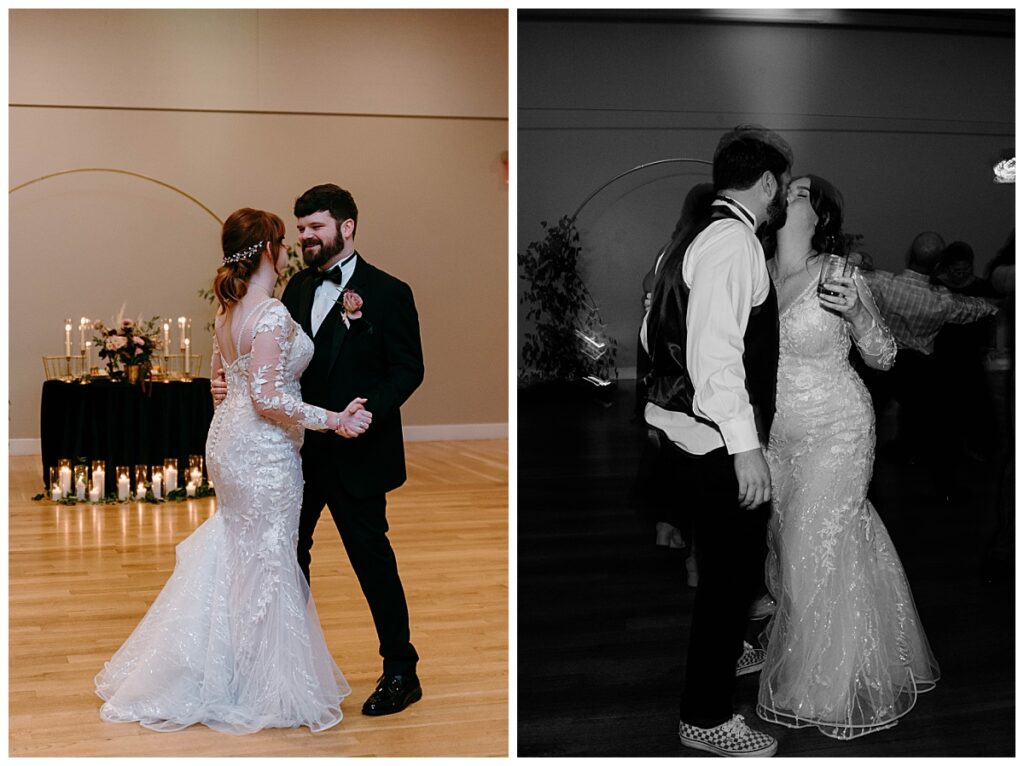 bride and groom dance and kiss at reception