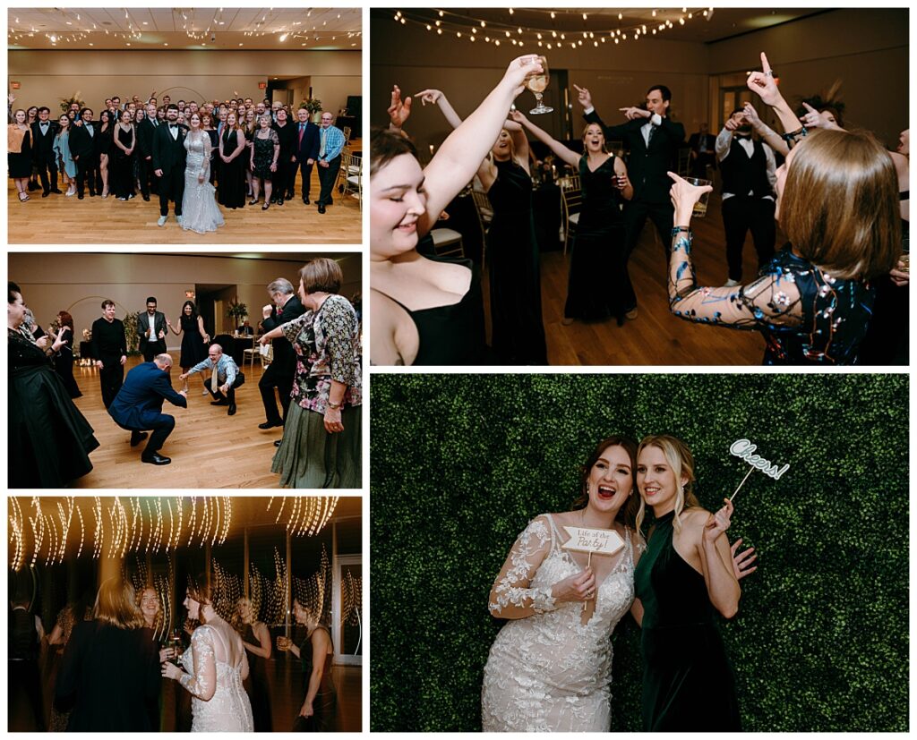 guests dance and toast at reception party by The Hazel Club