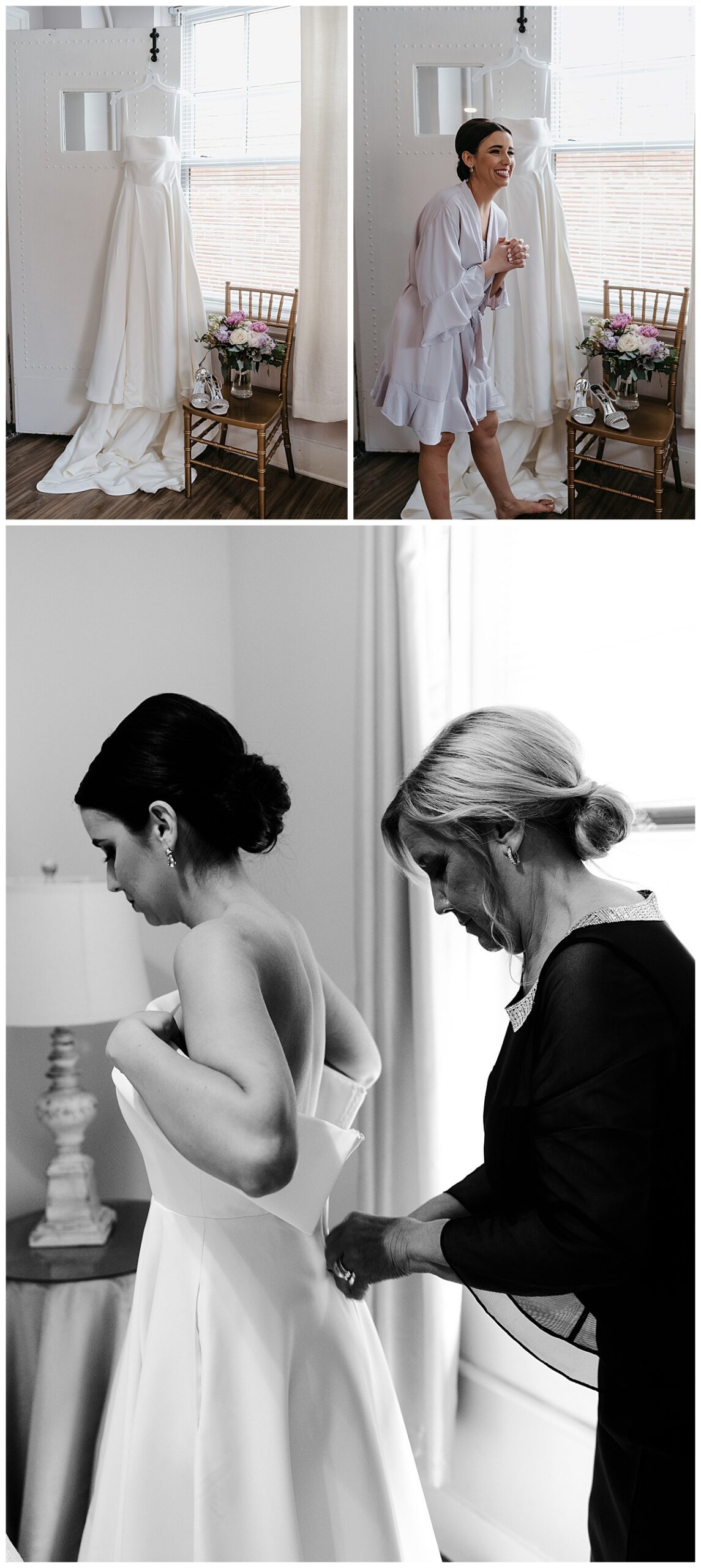 bride stands next to her gown before getting ready at Hotel Concord