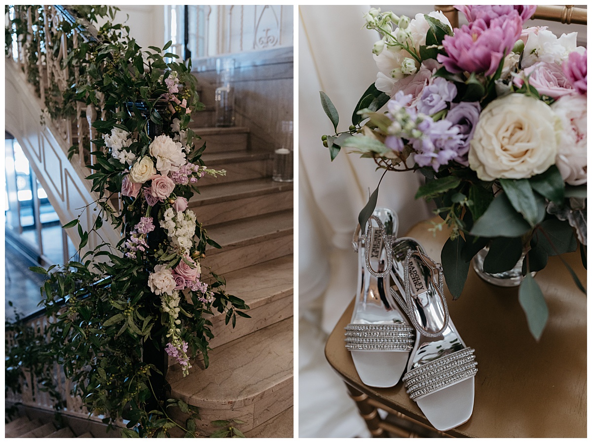 lilac and ivory roses and greenery cascade down banister at Hotel Concord