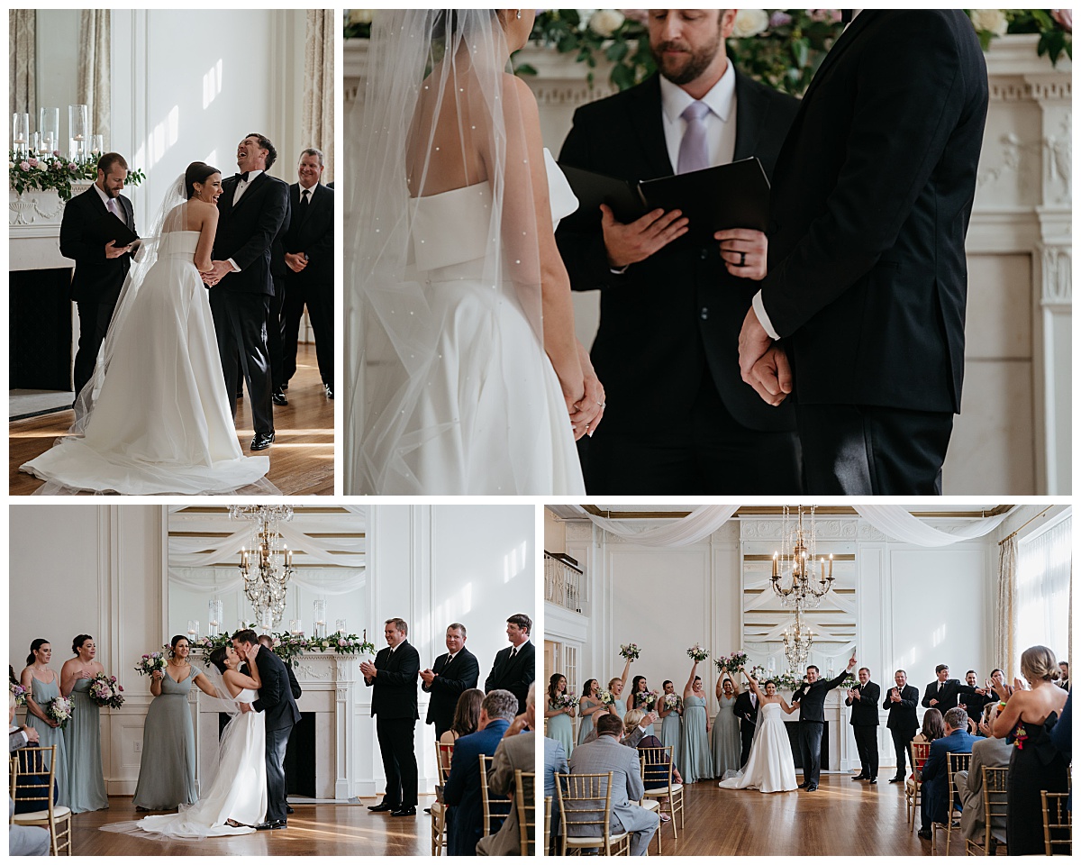 bride and groom share a laugh during ceremony by The Hazel Club