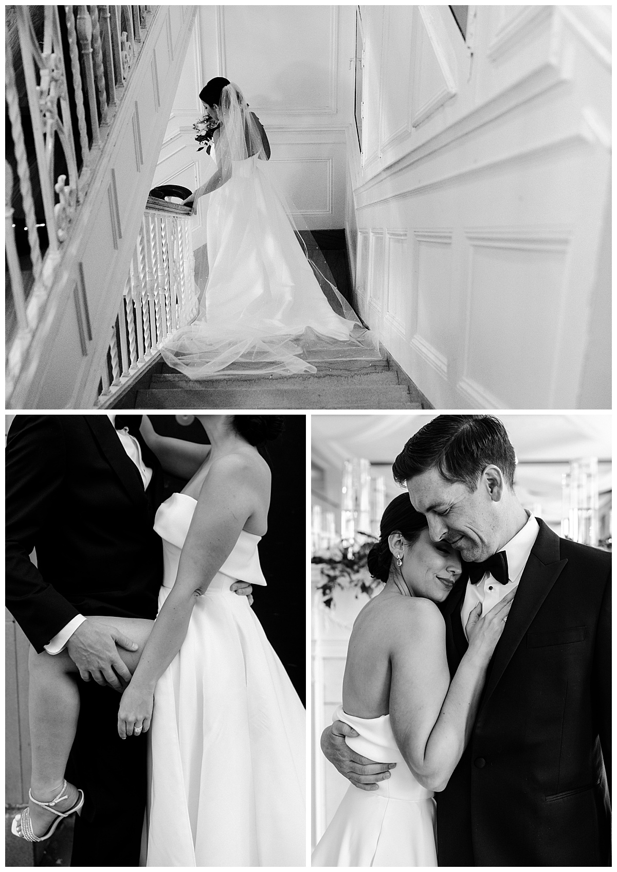 bride walks down staircase holding bouquet by Charlotte wedding photographer