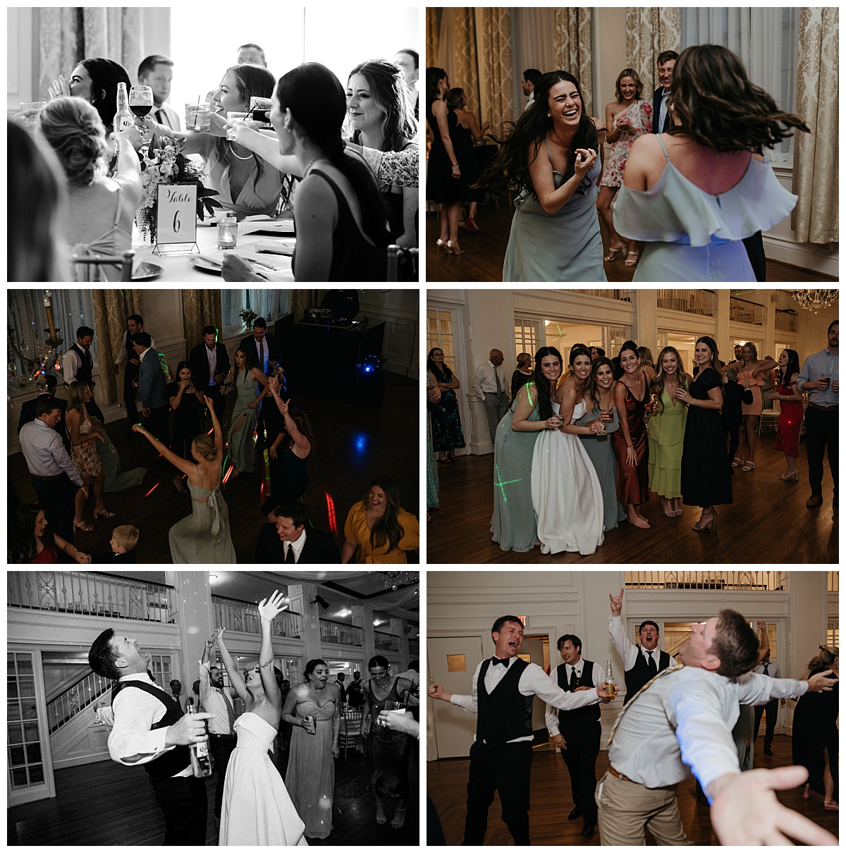 guests dance under glowing lights at reception by Charlotte wedding photographer