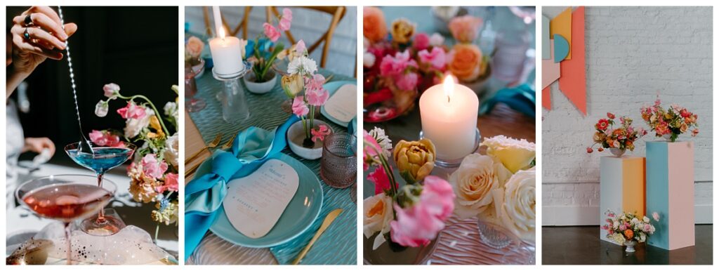 bright colored linens and summery flowers sit on table by The Hazel Club