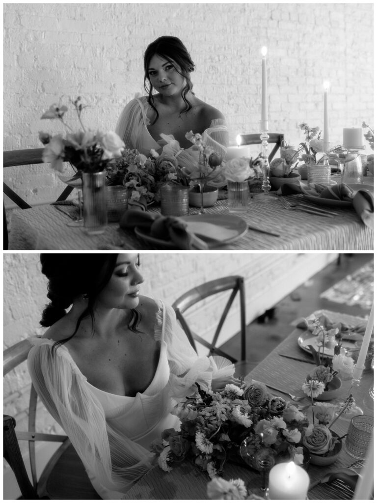 model sits at table with flowers and candles by Charlotte wedding photographer