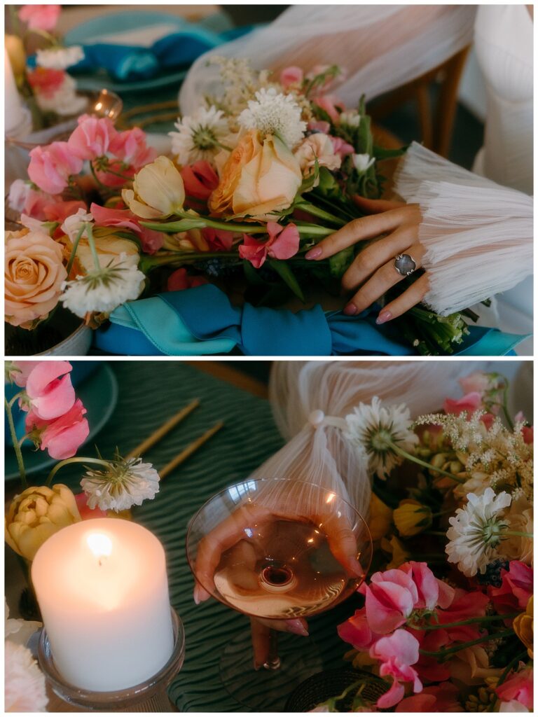 woman holds flowers and glass by The Hazel Club