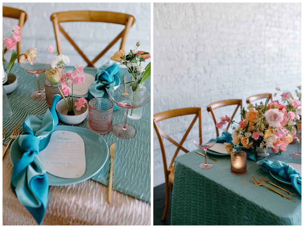 table decorated with pink glasses and blue plates by The Hazel Club