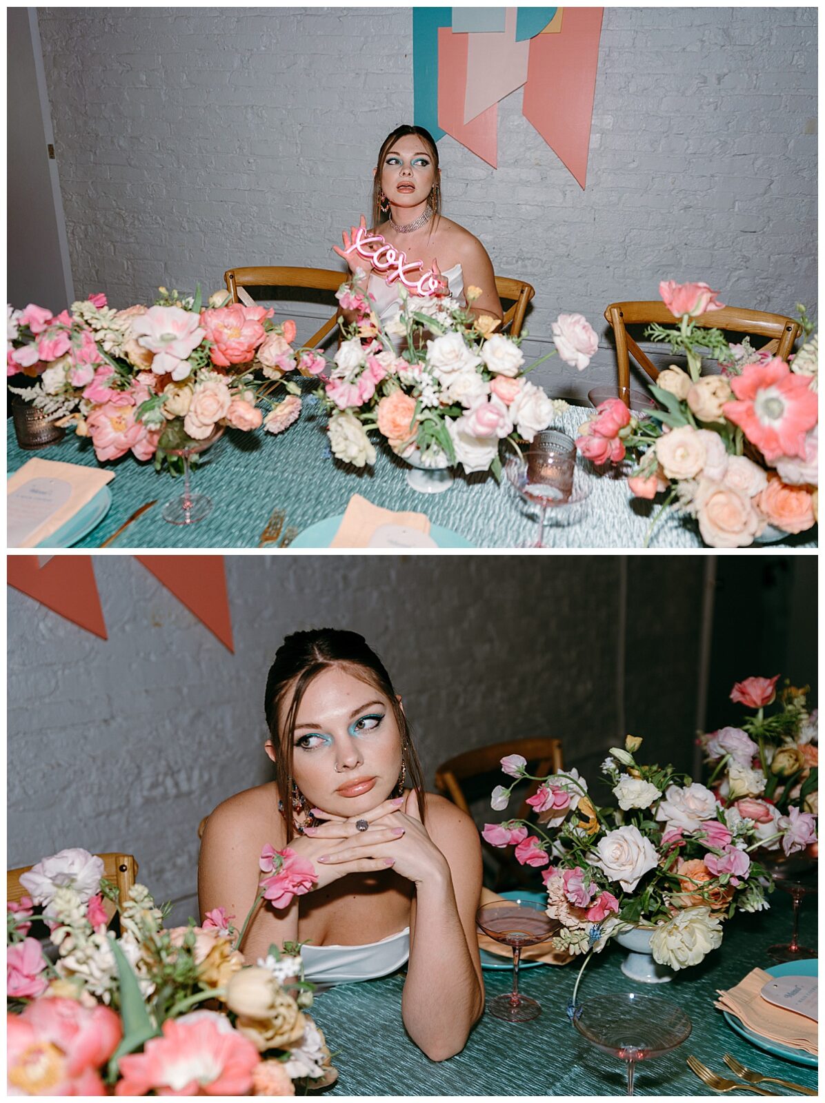 bride holds neon sign at Junction West styled shoot