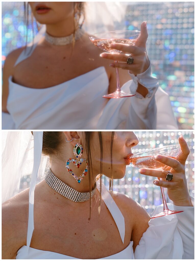 woman sips drink in front of sequined wall by The Hazel Club