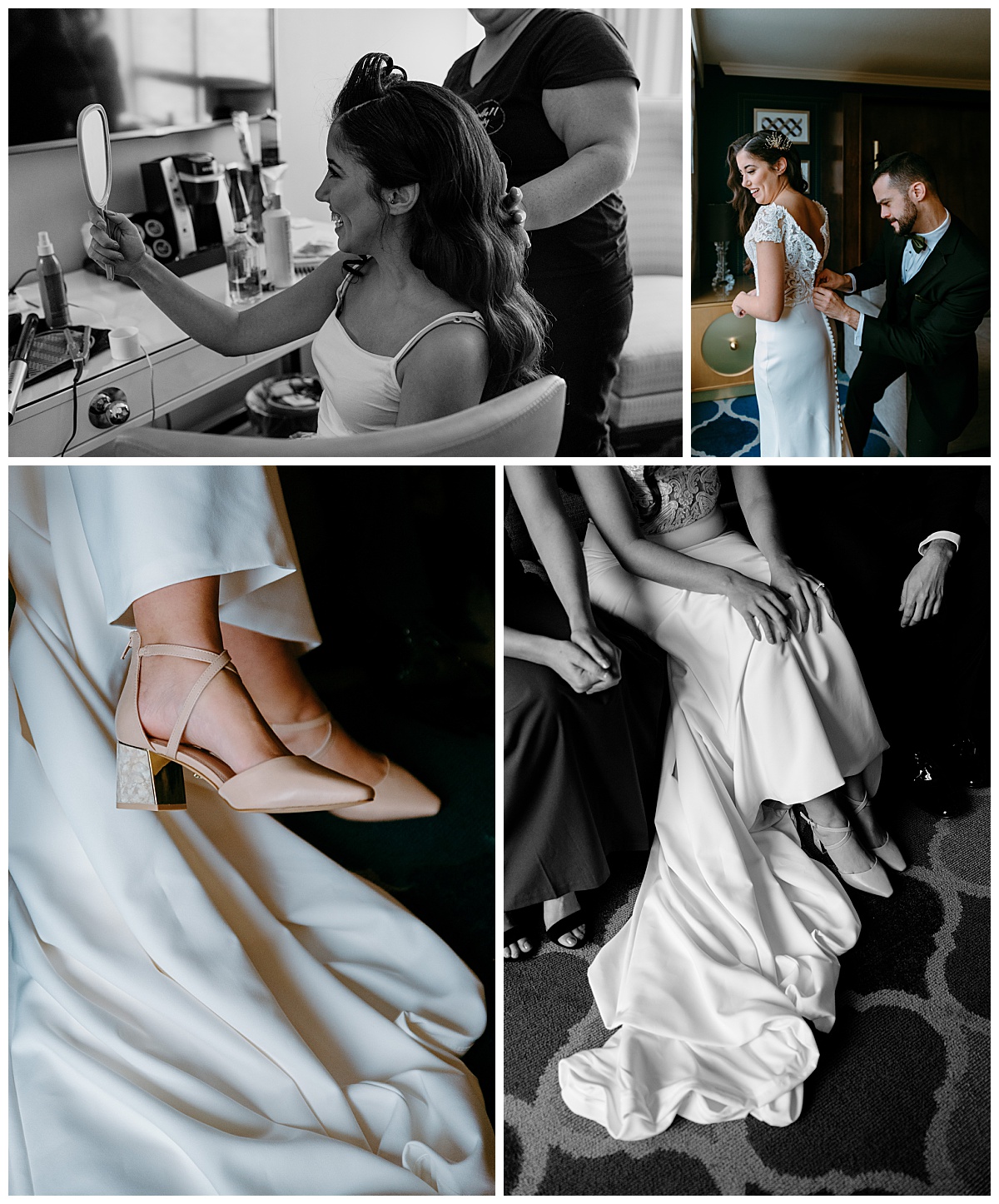 bride gets makeup done and dress on by The Hazel Club