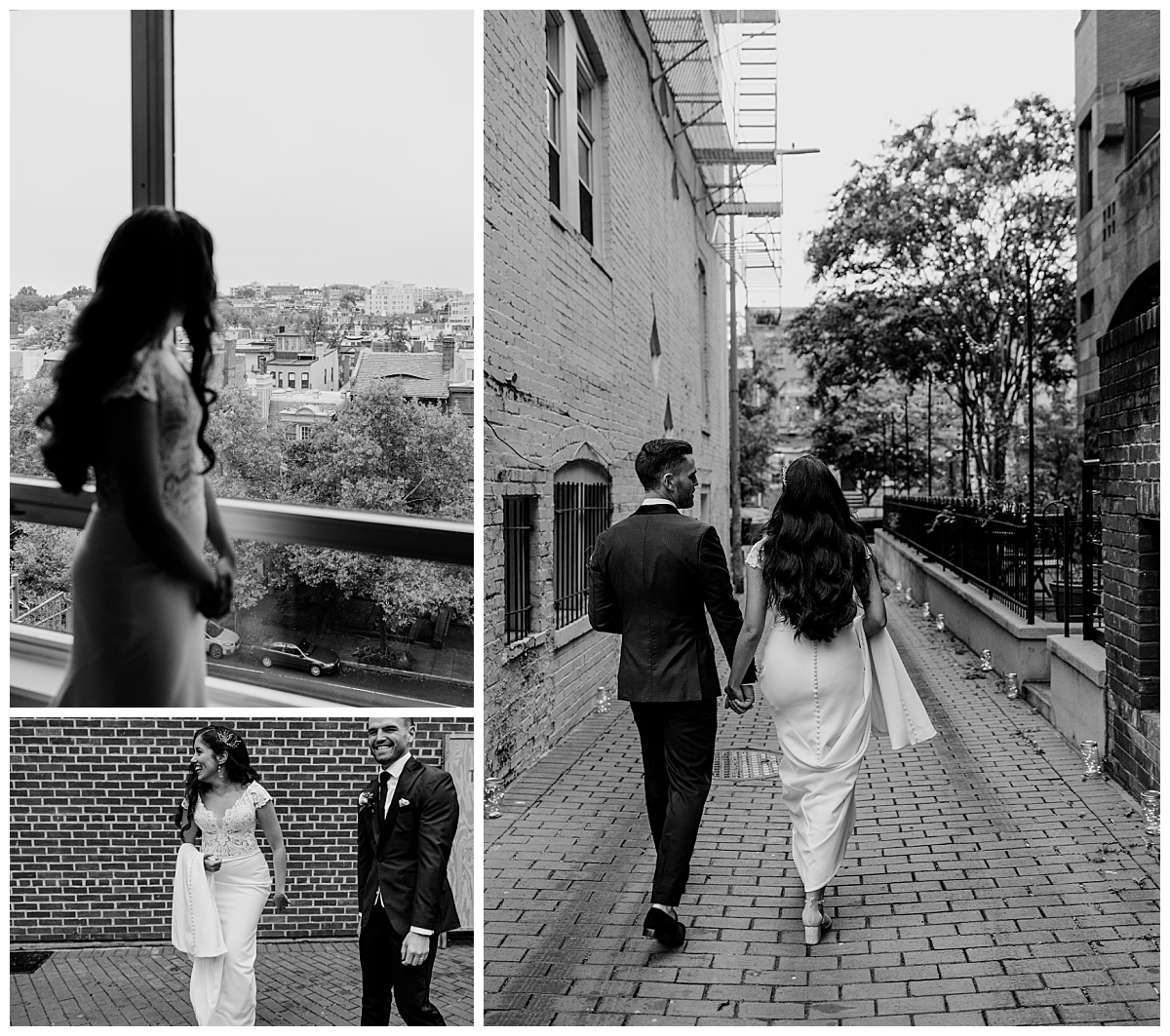 newly weds walk hand in hand down brick alley at Toolbox DC