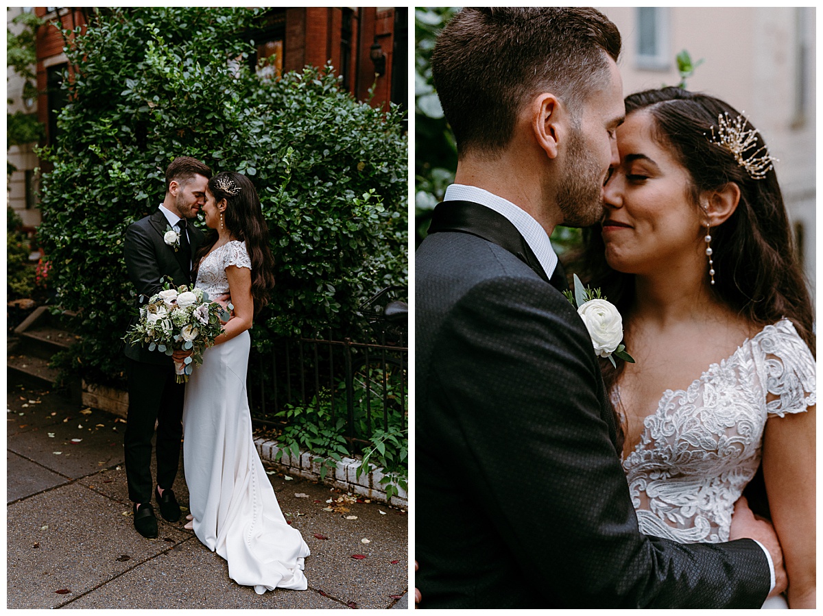 bride and groom stand touching foreheads outside by The Hazel Club