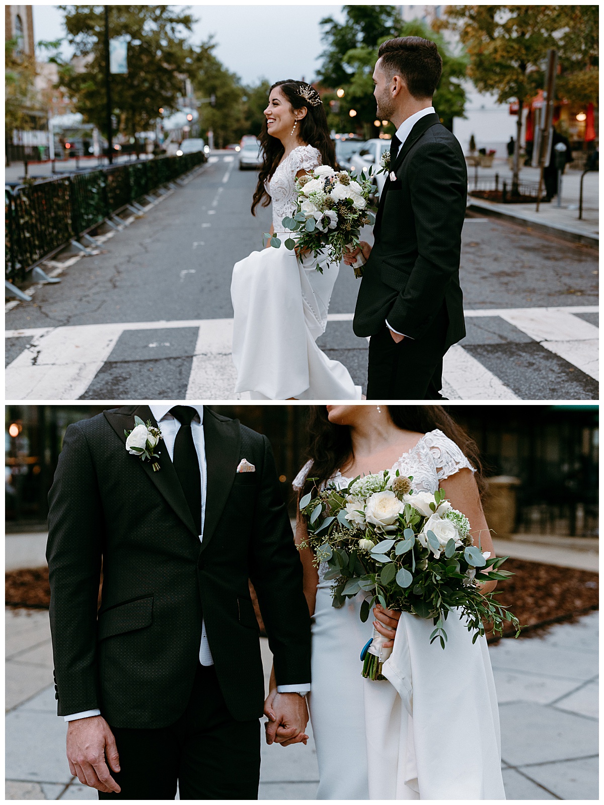 bride and groom cross street as he holds her bouquet and she holds her dress by The Hazel Club