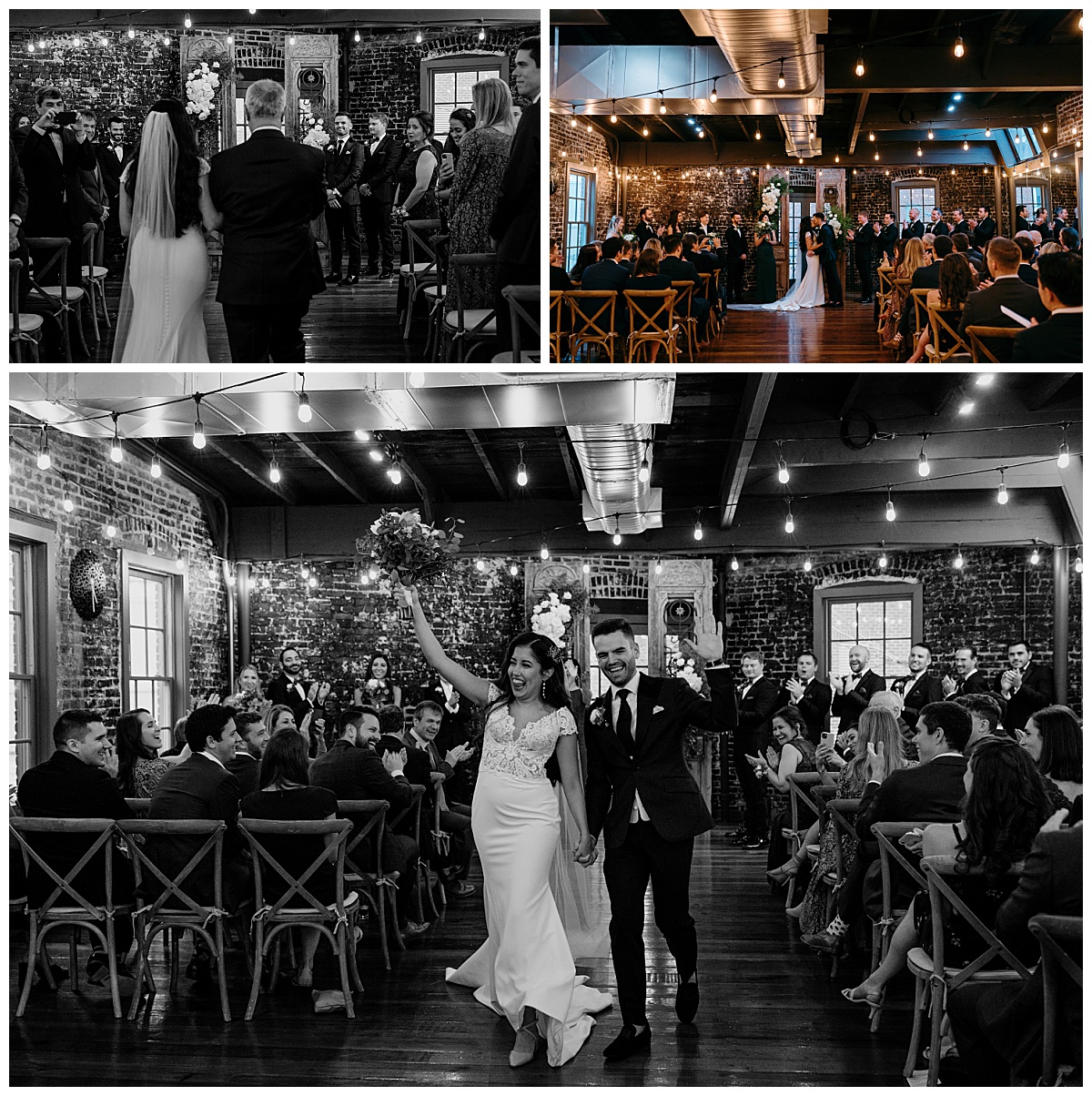ceremony at Toolbox DC with exposed brick and string lights