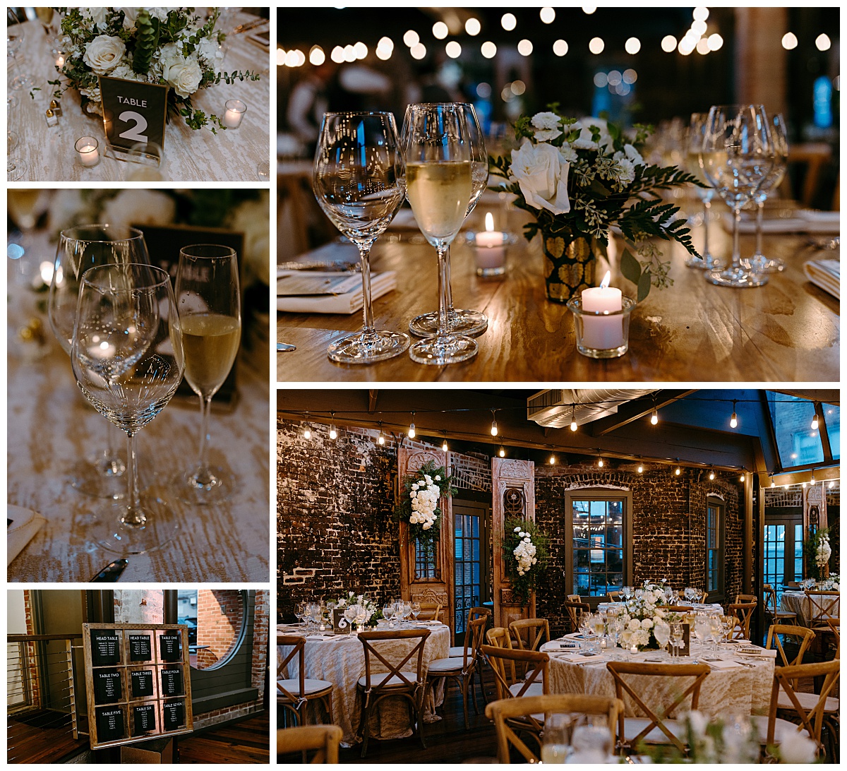 reception details of glasses, table numbers, and florals by The Hazel Club