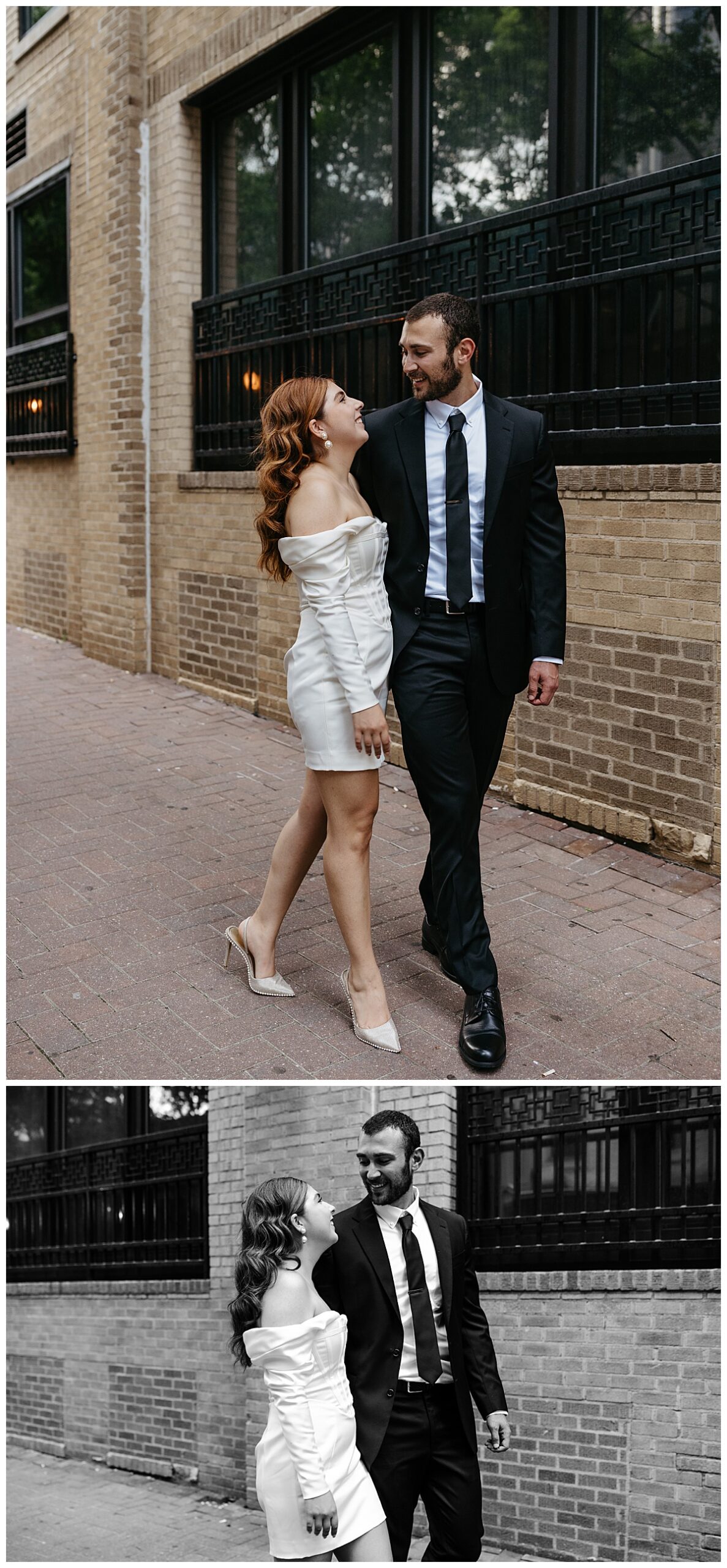 couple walks arm in arm during downtown engagement session