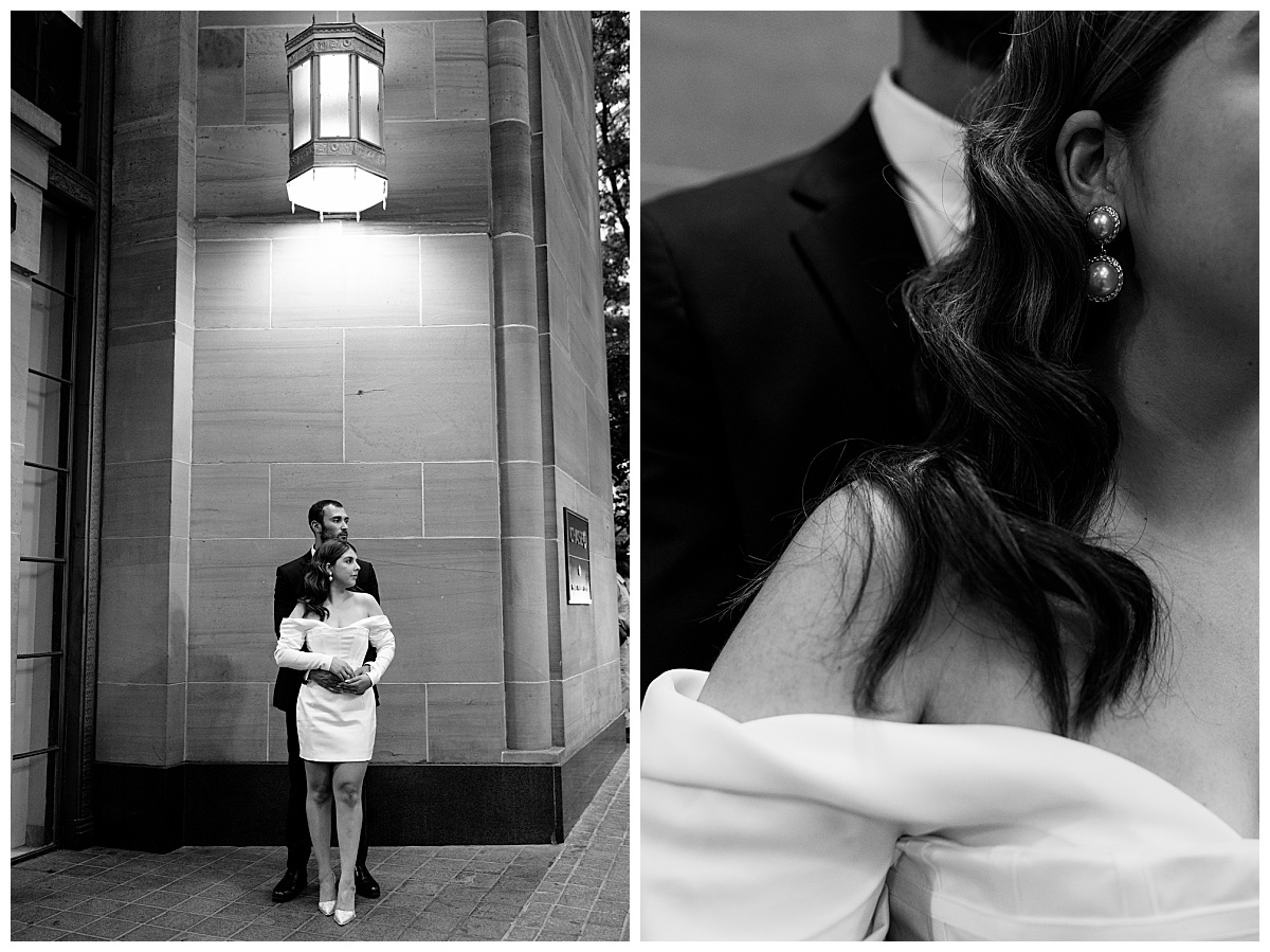 woman leans against man outside restaurant during downtown engagement session