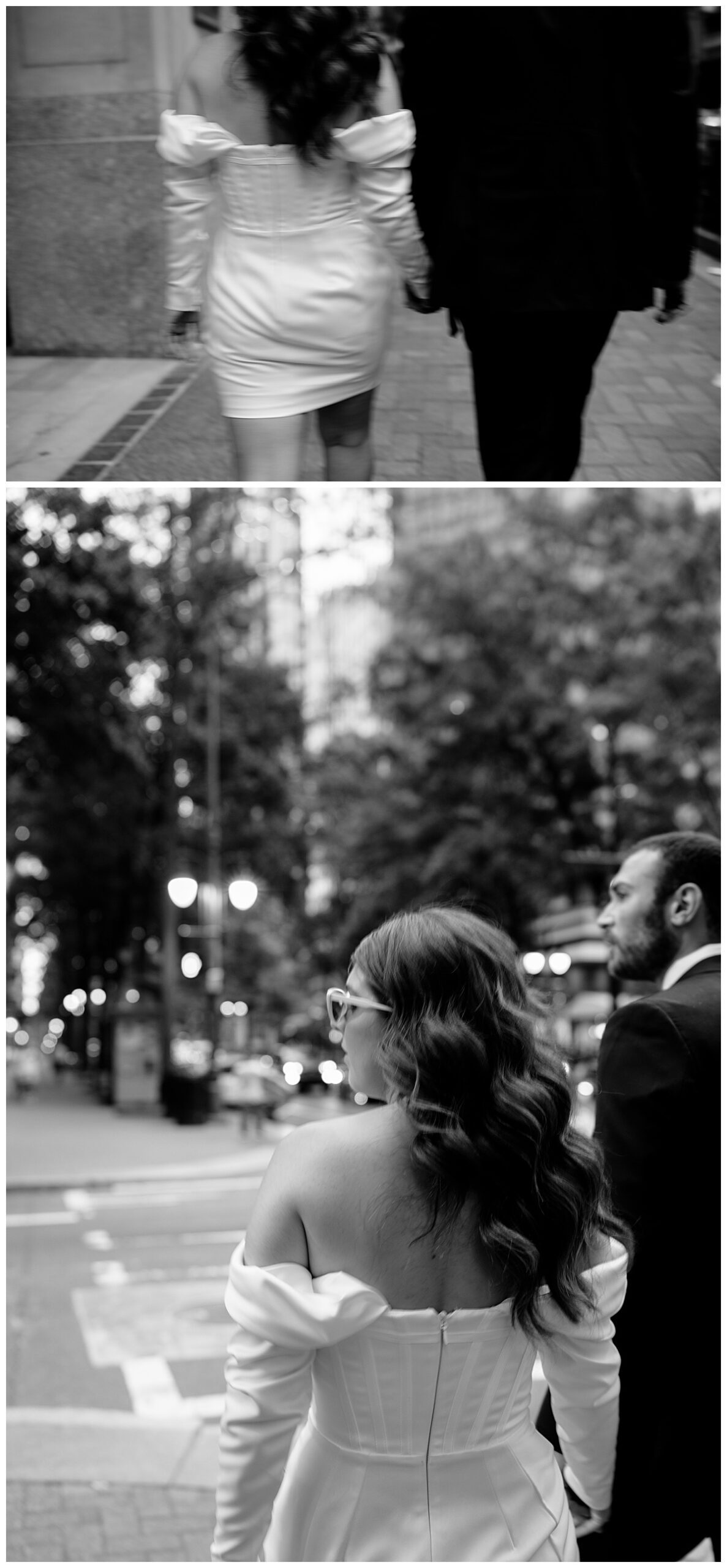fiancés hold hands while walking across the crosswalk in city by Charlotte wedding photographer