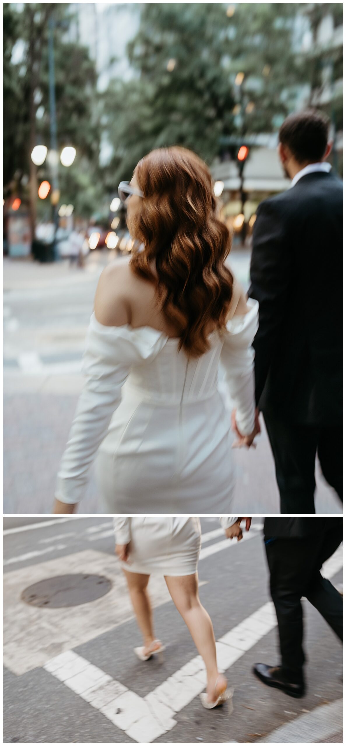 man and woman hold hands as they cross the street by The Hazel Club