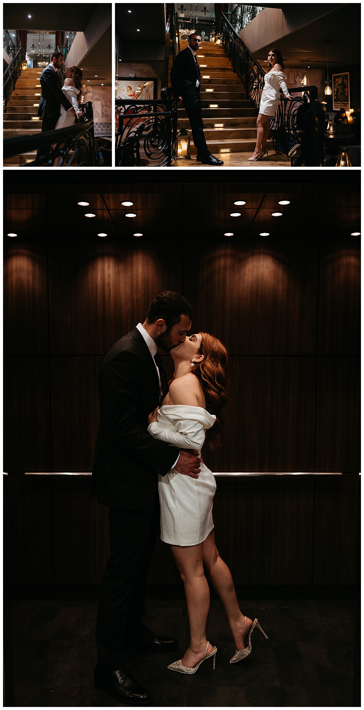 fiancés kiss in elevator by Charlotte wedding photographer
