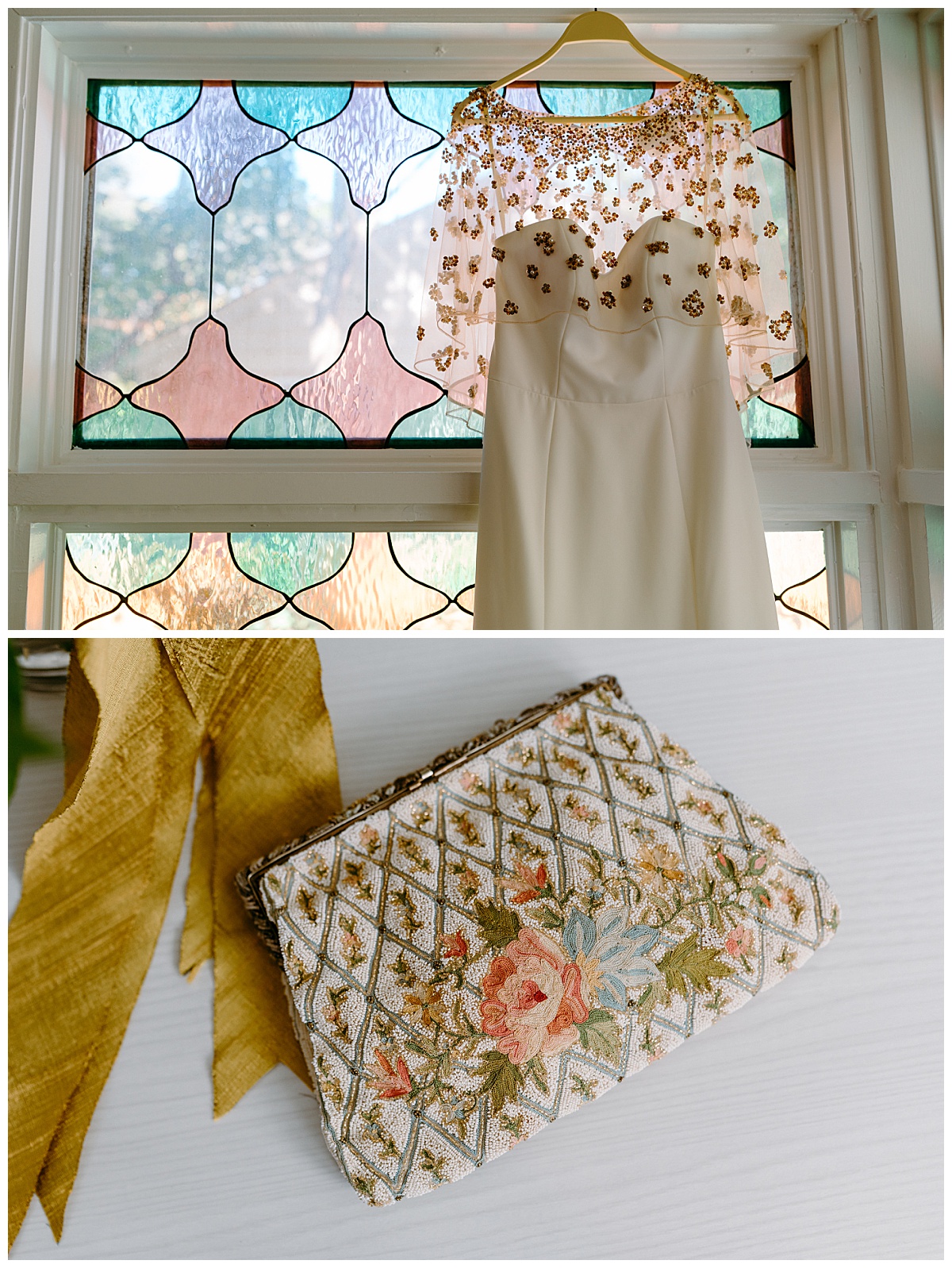 dress with cape hangs in front of stained glass window at the Cannon Room