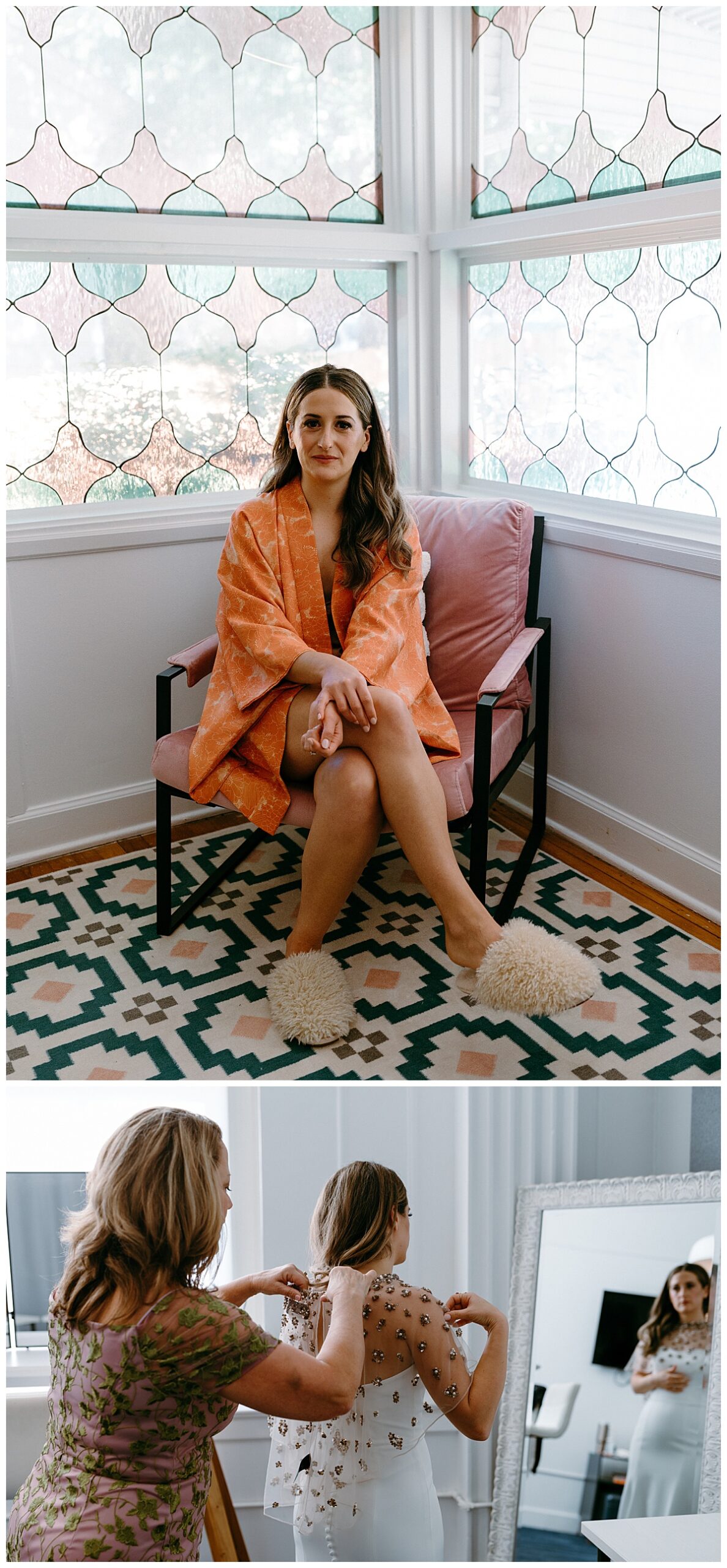 bride's mother helps her put on her gown and cape by North Carolina wedding photographer