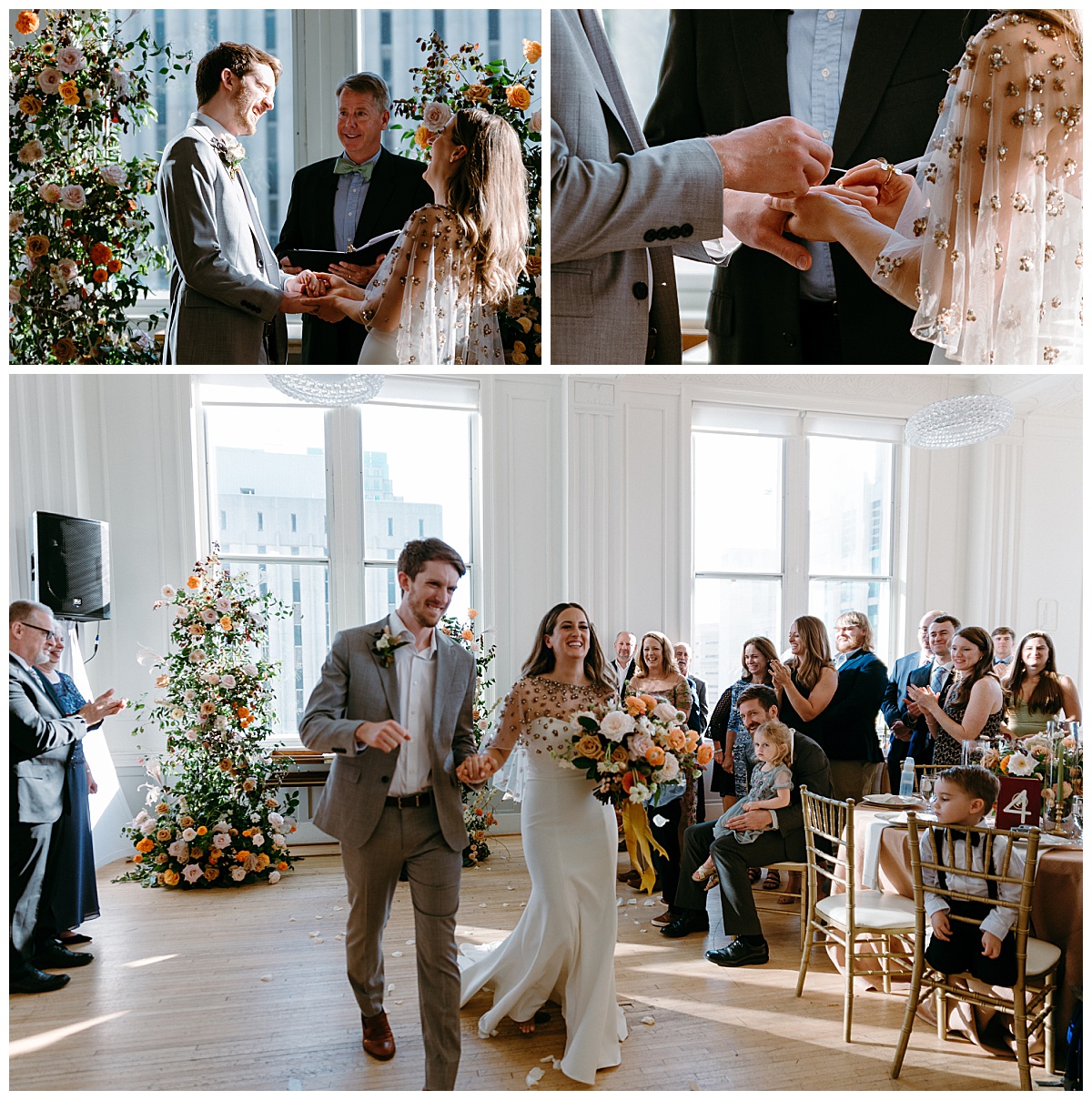 couple laugh and exchange rings in front of ceremony arch at the Cannon Room