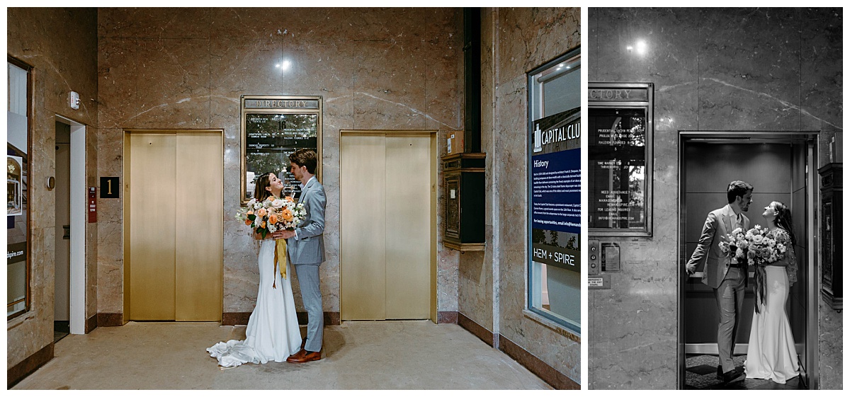 couple looks int each other's eyes in elevator to the Cannon Room