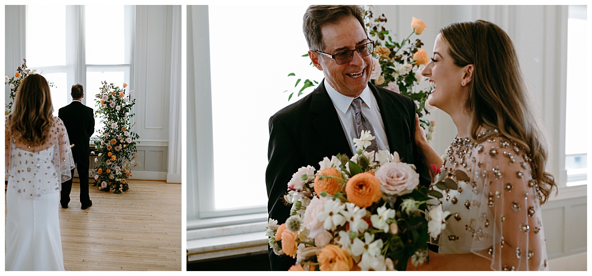 bride has first look with her dad by North Carolina wedding photographer