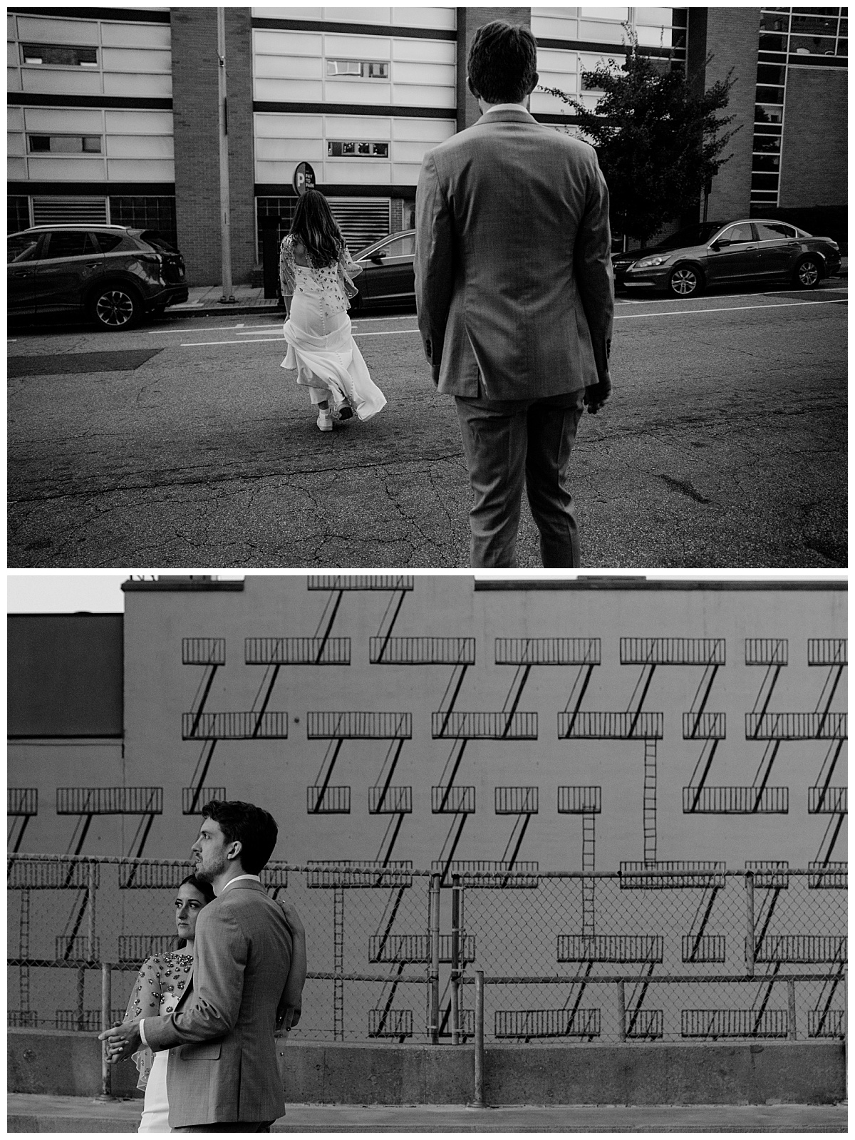 woman crosses the street in front of man by The Hazel Club