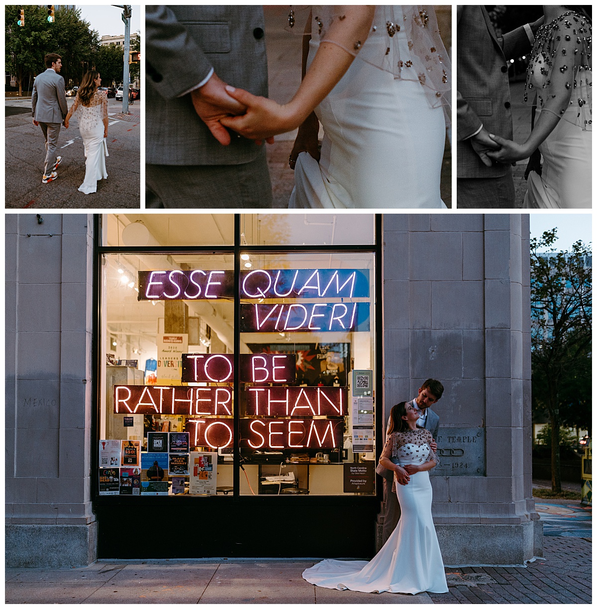 couple holds hands as they walk around the streets of downtown Raleigh by The Hazel Club