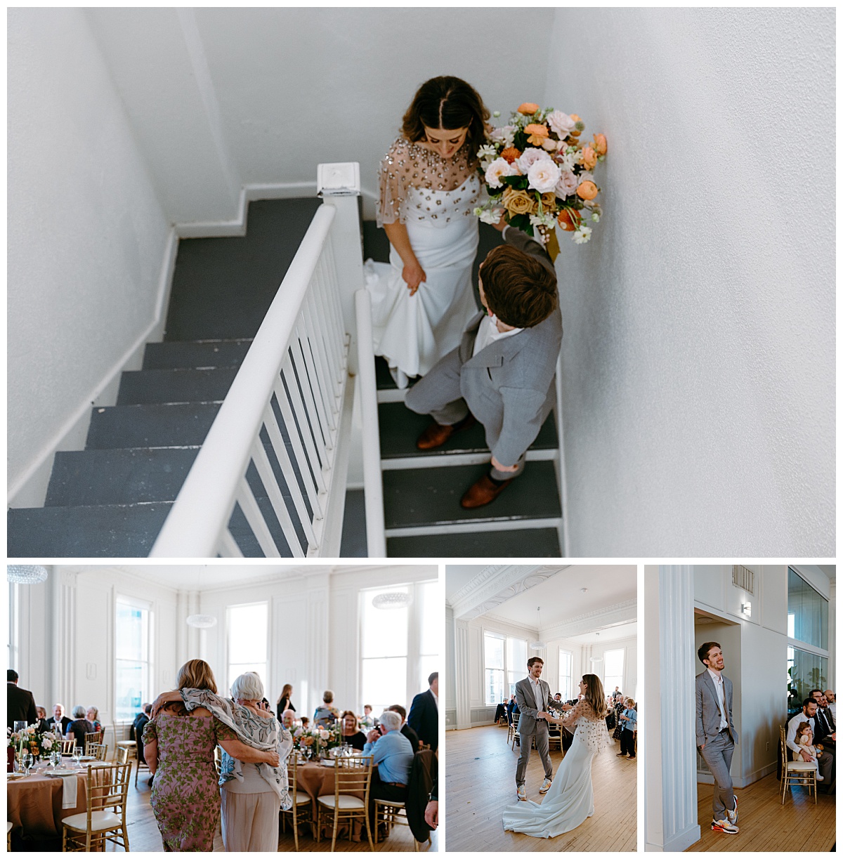 couple walks down stairs together to reception at the Cannon Room