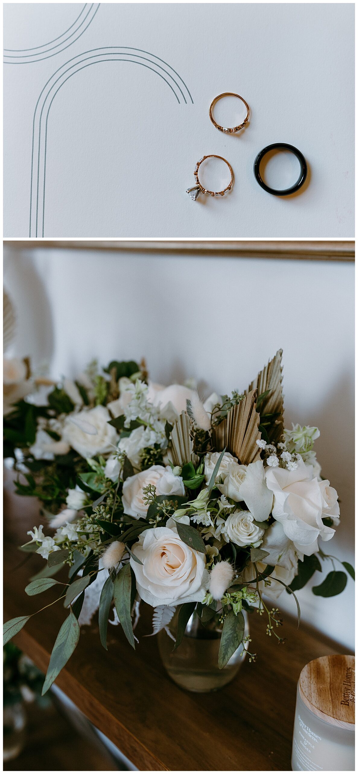 florals and rings sit on table at River Room