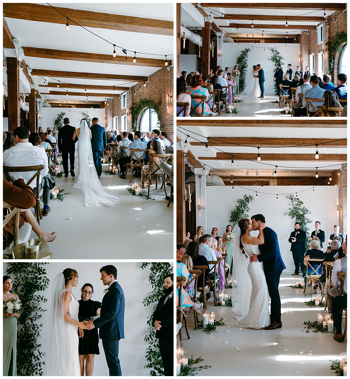 bride and groom kiss in aisle at River Room