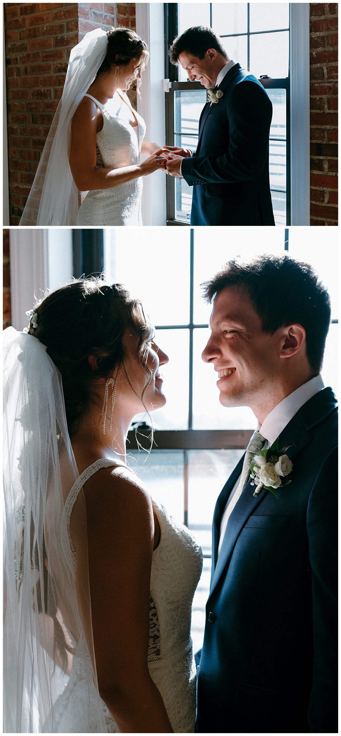 couple stands together holding hands in front of window at River Room