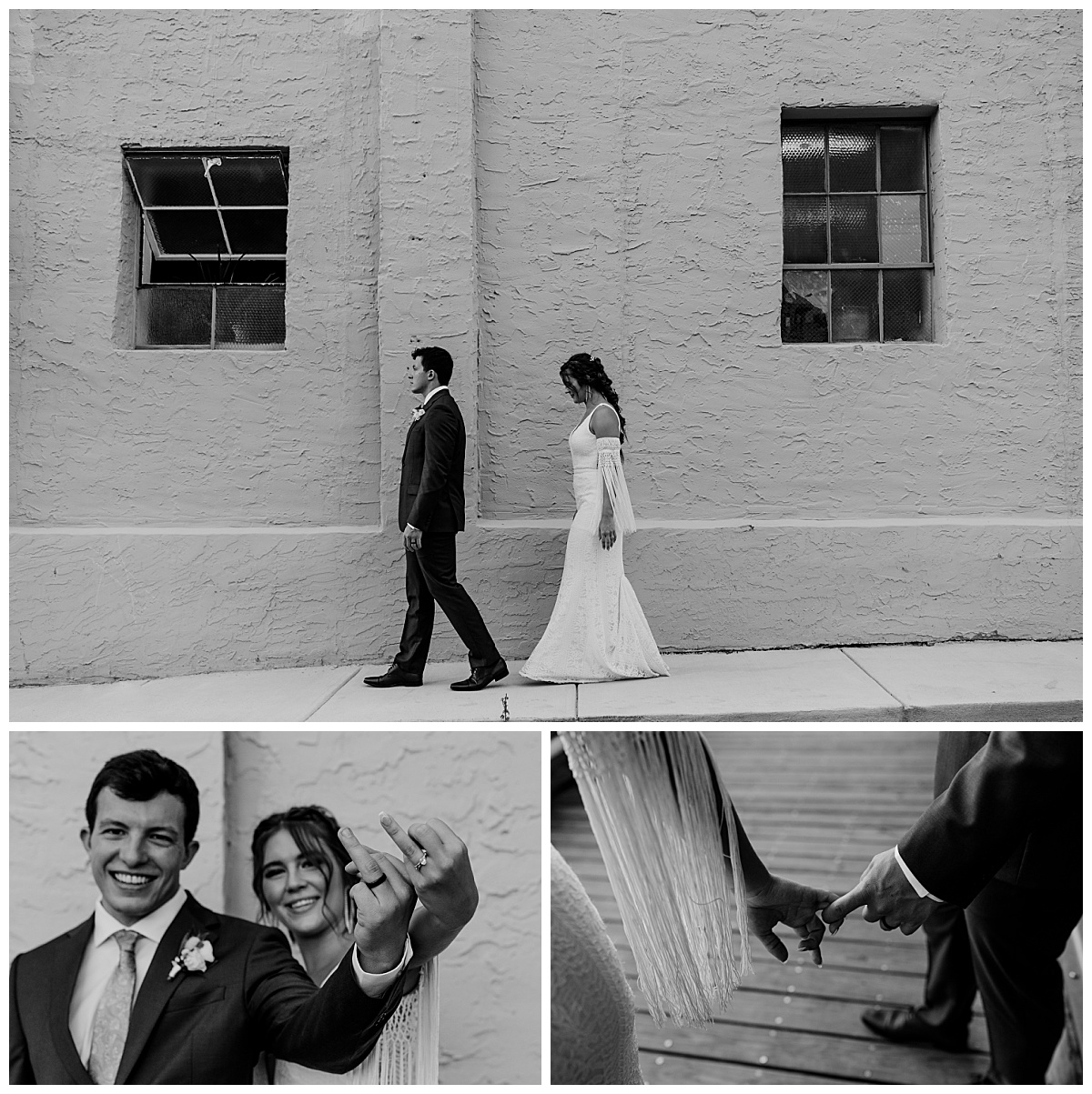 couple walks down road and shows off rings at River Room