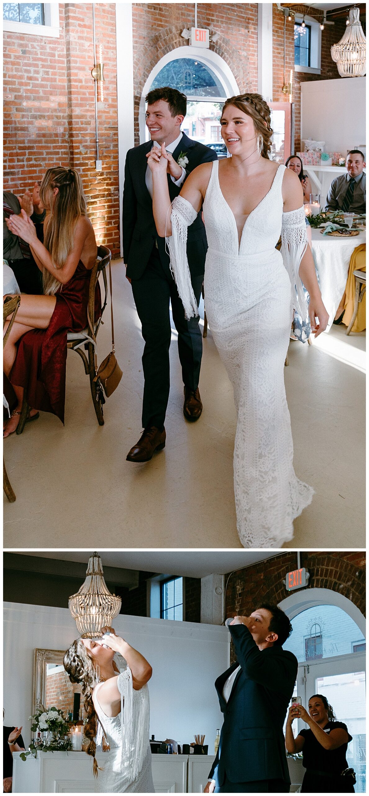 newlyweds walk into reception holding hands as guests cheer by North Carolina wedding photographer